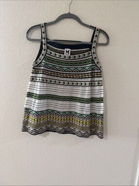 M by Missoni size 46 White Tank Top with Black, Green & Yellow Geometric Print